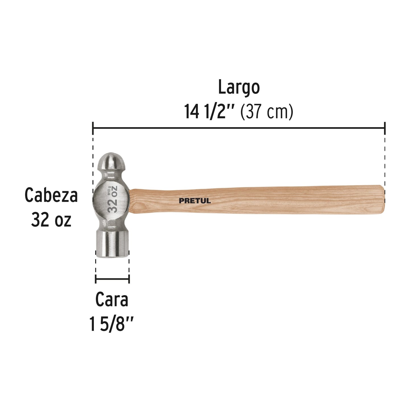 Martillo de Bola 32 oz Pretul MB-32P - Cabeza Acero Carbono Mango Madera - Herramienta Profesional Construcción Carpintería