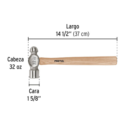 Martillo de Bola 32 oz Pretul MB-32P - Cabeza Acero Carbono Mango Madera - Herramienta Profesional Construcción Carpintería