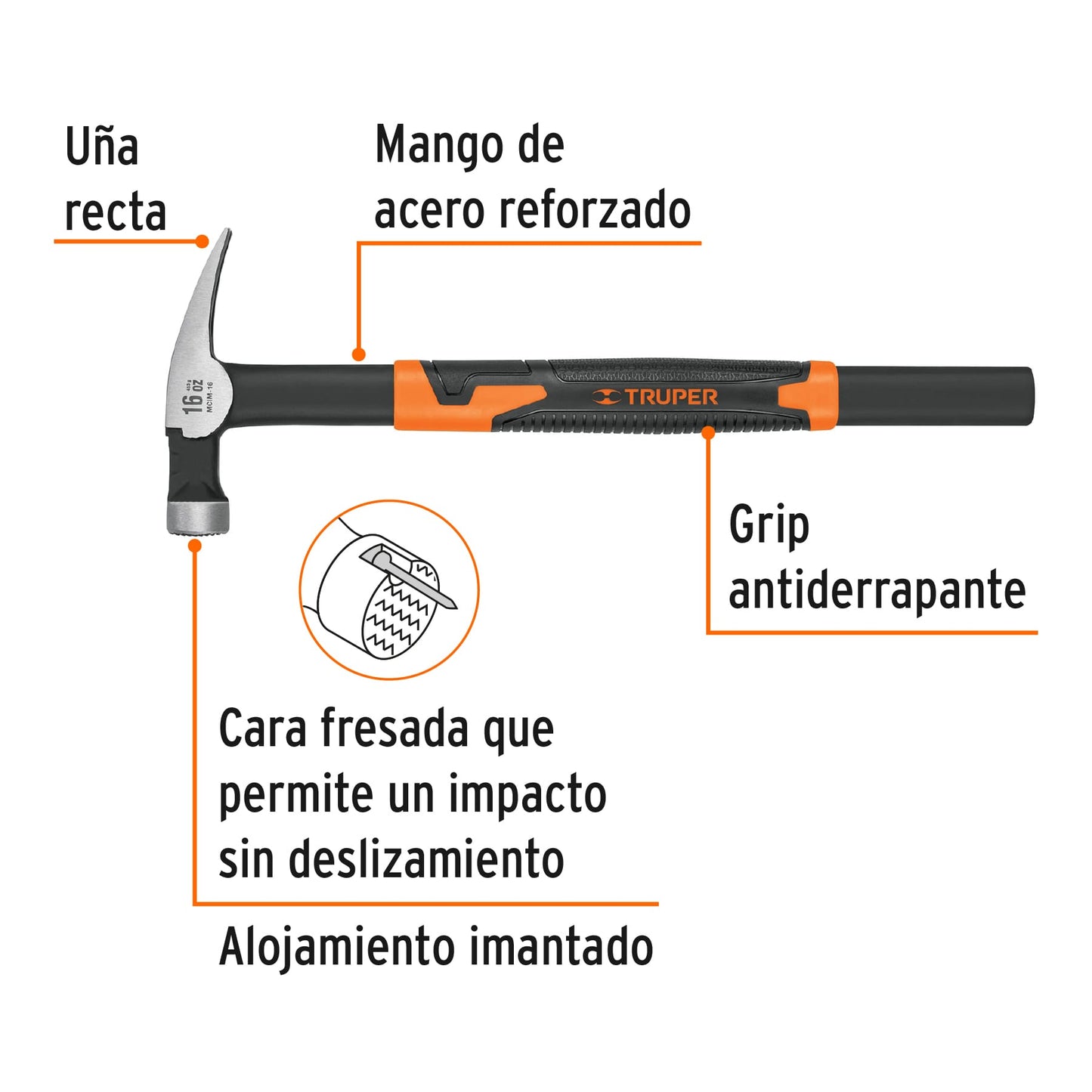 Martillo Tubular Cimbra 16 oz MCIM-16 - Mango Acero Antiderrapante, Cabeza Imantada, Uña Recta - Solución Profesional para Construcción y Carpintería