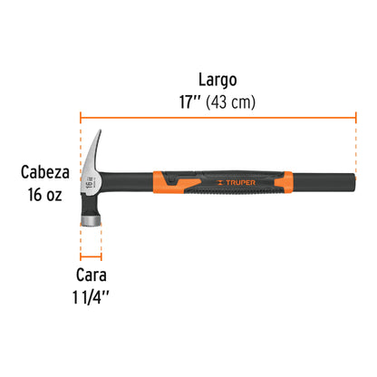 Martillo Tubular Cimbra 16 oz MCIM-16 - Mango Acero Antiderrapante, Cabeza Imantada, Uña Recta - Solución Profesional para Construcción y Carpintería