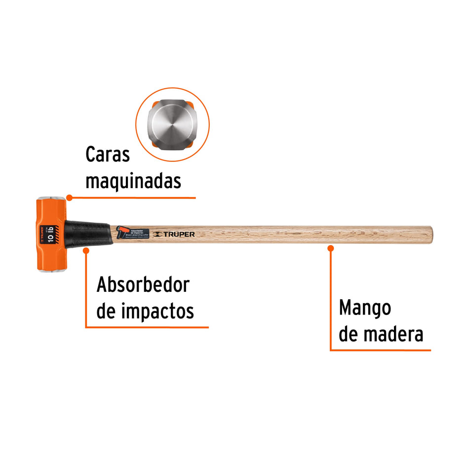 Marro Octagonal 10 lb Truper MD-10M - Herramienta Profesional para Demolición y Golpeo Pesado con Mango de Madera 36 Pulgadas