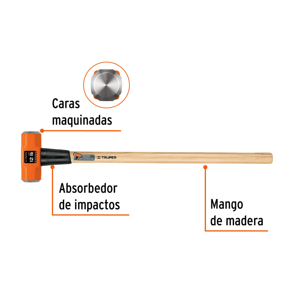 Marro Octagonal 12 lb Truper MD-12M - Herramienta Profesional para Demolición y Golpeo Pesado con Mango de Madera 36 Pulgadas
