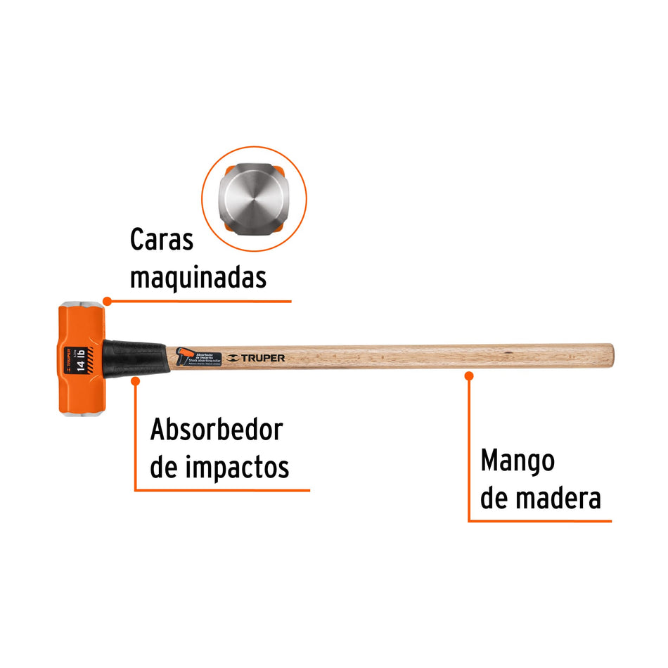 Marro Octagonal 14 lb Truper MD-14M - Herramienta Profesional para Demolición y Golpeo Pesado con Mango de Madera 36 Pulgadas