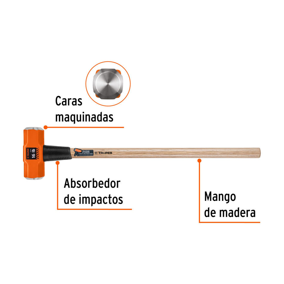 Marro Octagonal 16 lb Truper MD-16M - Herramienta Profesional para Demolición y Golpeo Pesado con Mango de Madera 36 Pulgadas