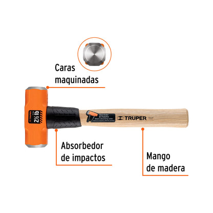 Marro Octagonal 2.5 lb Truper MD-2.5M - Cabeza Forjada Acero - Mango Madera 12" - Demolición y Golpeo Profesional