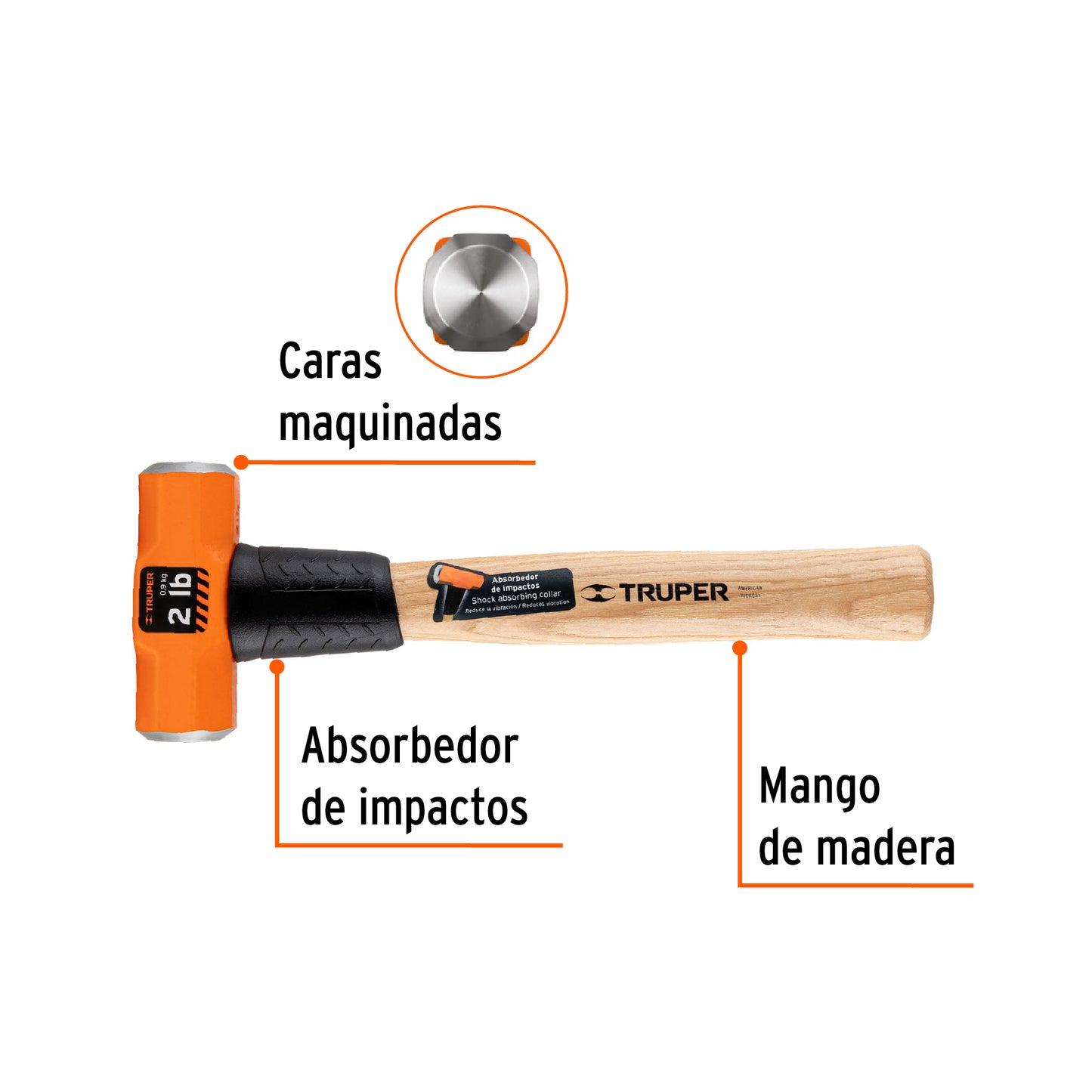 Marro Octagonal 2 lb Truper MD-2M - Herramienta Profesional para Demolición y Golpeo con Mango de Madera 12 Pulgadas