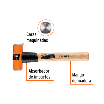 Marro Octagonal 2 lb Truper MD-2M - Herramienta Profesional para Demolición y Golpeo con Mango de Madera 12 Pulgadas