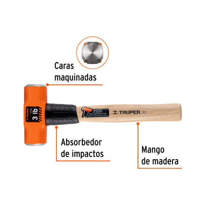 Marro Octagonal 3 lb Truper MD-3M - Cabeza Forjada Acero - Mango Madera 12 Pulgadas - Herramienta Demolición Profesional