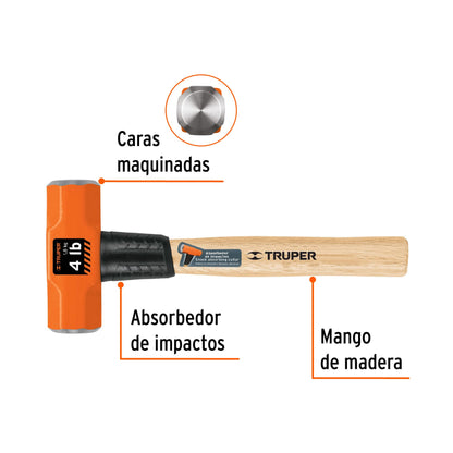 Marro Octagonal 4 lb Truper MD-4M - Cabeza Forjada Acero - Mango Madera 12" - Herramienta Demolición Profesional