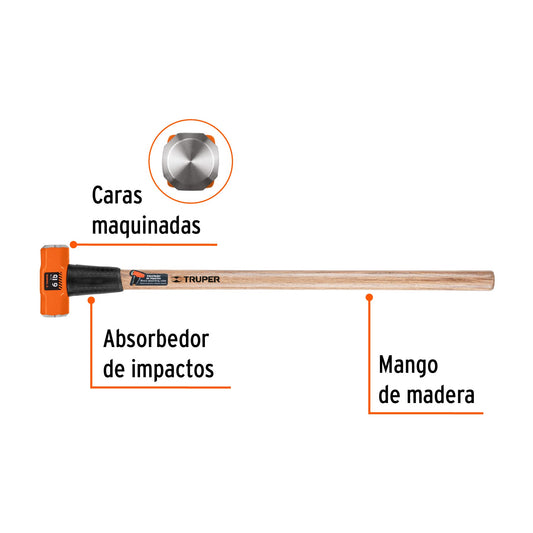 Marro Octagonal 6 lb Truper MD-6M - Herramienta Profesional para Demolición y Golpeo Pesado con Mango 36 Pulgadas