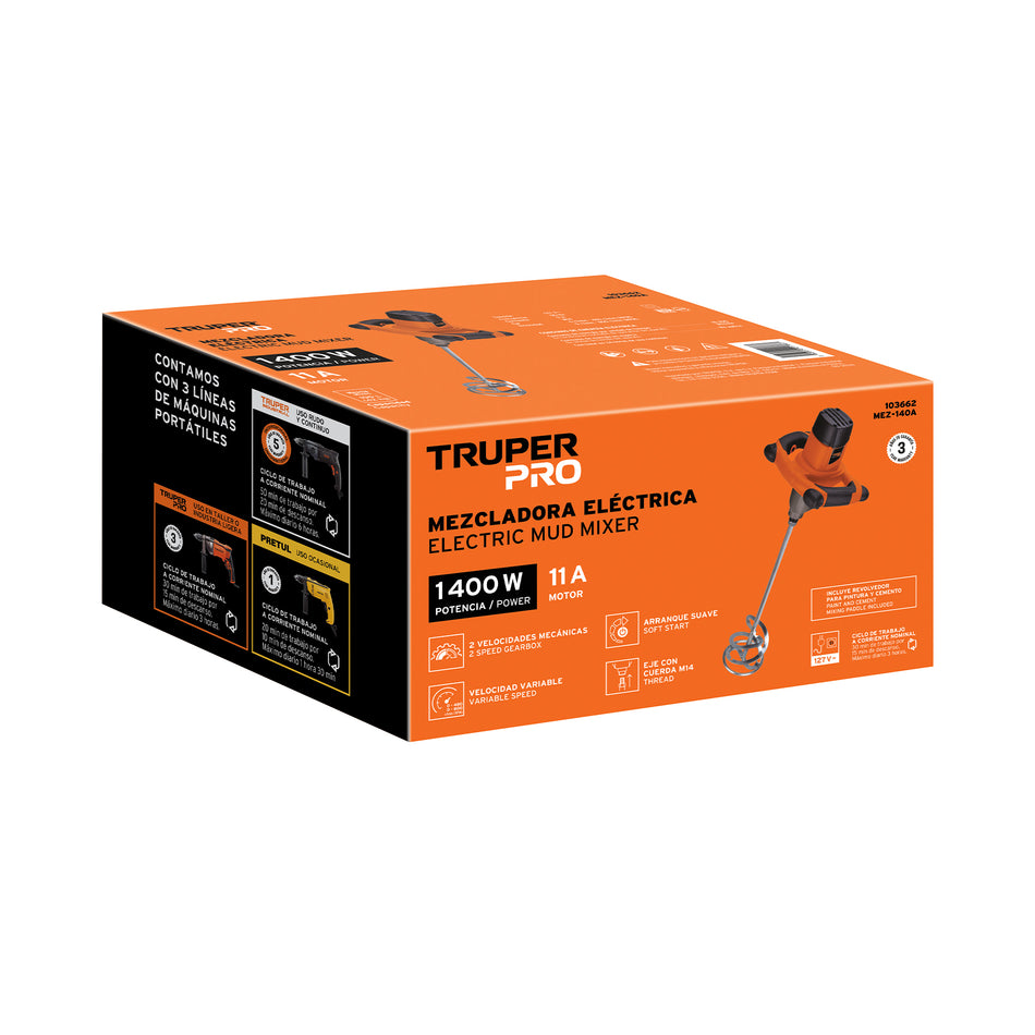 Mezcladora eléctrica 1400W, TRUPER PRO® Para mezclar pintura mortero cemento y pastas adhesivas