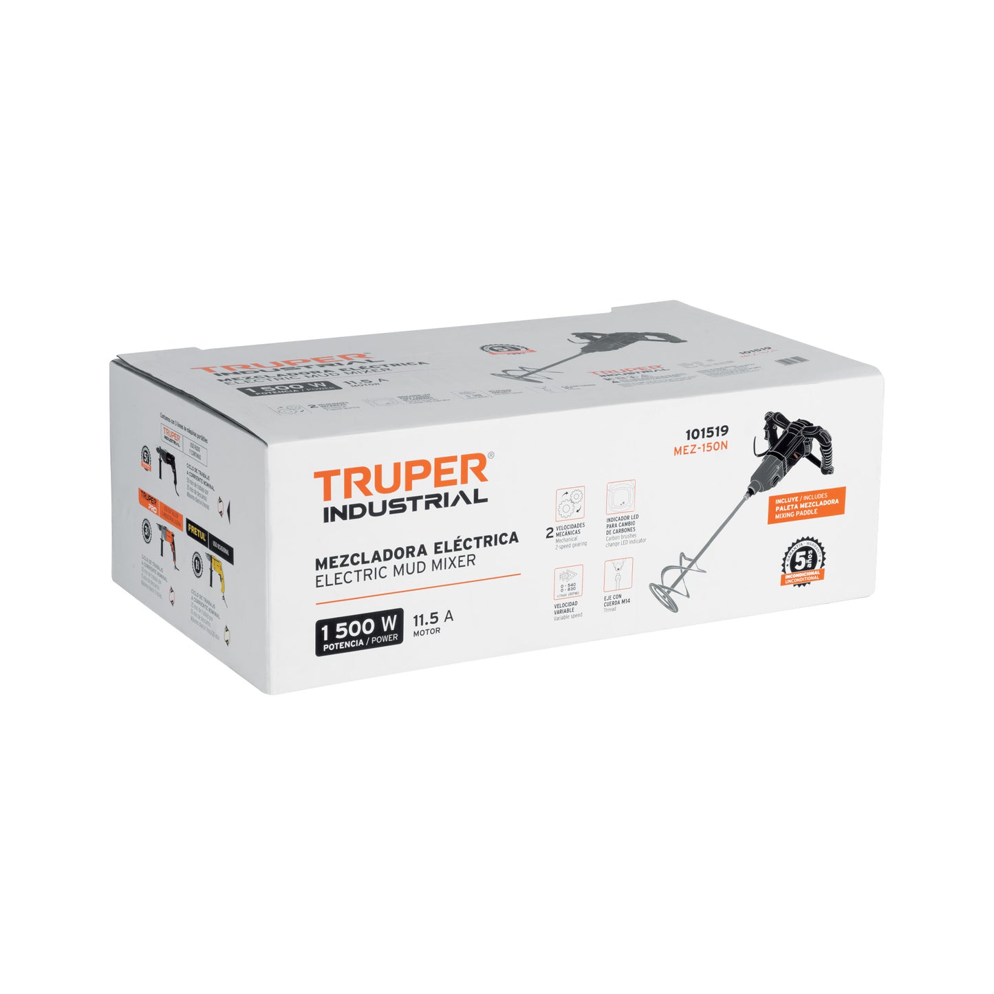 Mezcladora Eléctrica Industrial TRUPER 1500W MEZ-150N - Mezcla Mortero, Cemento y Pintura de Alta Viscosidad con 2 Velocidades