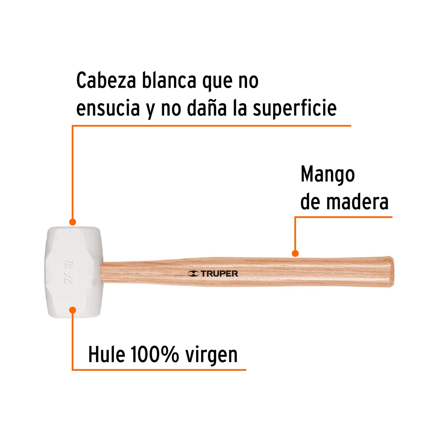 Mazo de Hule 24 oz Truper MH-24 - Cabeza Blanca Antideslizante para Duela y Superficies Delicadas - Mango Ergonómico de Madera