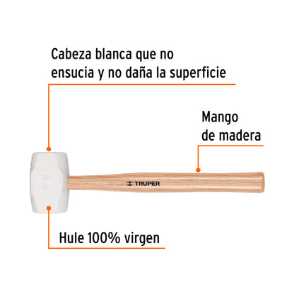 Mazo de Hule 24 oz Truper MH-24 - Cabeza Blanca Antideslizante para Duela y Superficies Delicadas - Mango Ergonómico de Madera