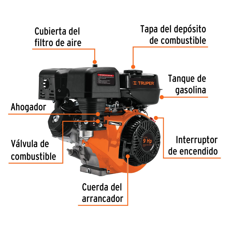 Motor a gasolina 9 HP, Truper, Molino, Desgranadoras, Trompos, Revolvedoras