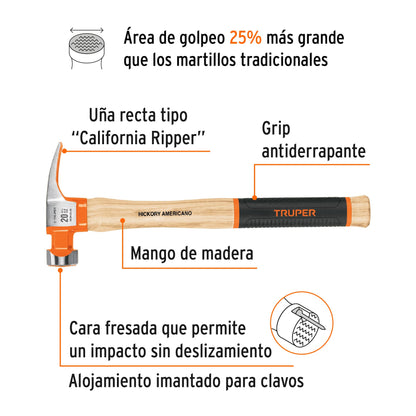 Martillo 20 oz Uña Recta California TRUPER GRIP MORCA-20 - Cabeza Acero Fresada Antideslizante con Imán para Clavos - Mango Madera Antiderrapante - Solución Profesional para Clavar y Extraer Clavos sin Esfuerzo