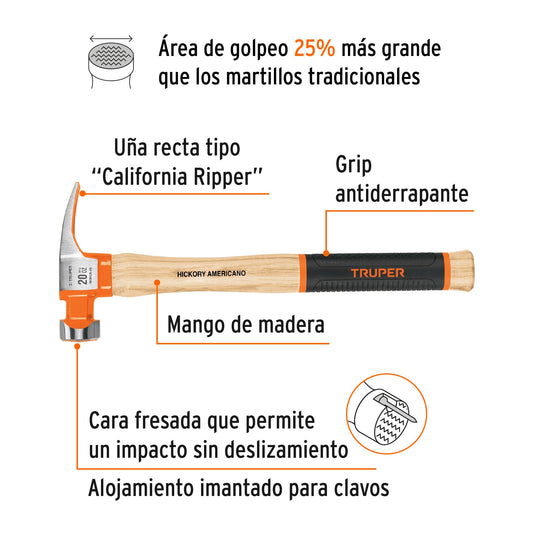 Martillo 20 oz Uña Recta California TRUPER GRIP MORCA-20 - Cabeza Acero Fresada Antideslizante con Imán para Clavos - Mango Madera Antiderrapante - Solución Profesional para Clavar y Extraer Clavos sin Esfuerzo