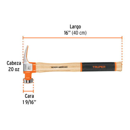 Martillo 20 oz Uña Recta California TRUPER GRIP MORCA-20 - Cabeza Acero Fresada Antideslizante con Imán para Clavos - Mango Madera Antiderrapante - Solución Profesional para Clavar y Extraer Clavos sin Esfuerzo