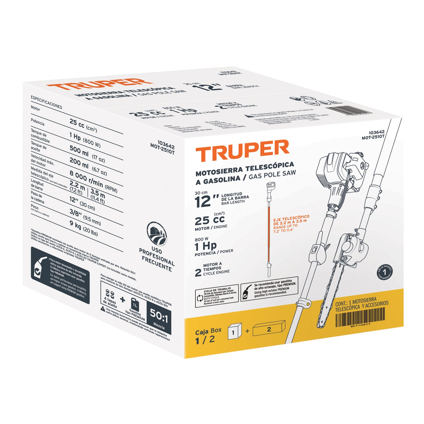 Motosierra Telescópica TRUPER 25cc Gasolina Barra 10" - Solución Profesional para Poda en Altura y Corte de Ramas Altas - MOT-2510T