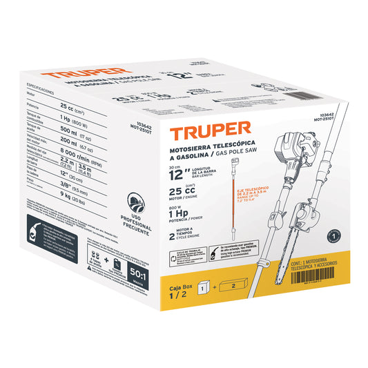 Motosierra Telescópica TRUPER 25cc Gasolina Barra 10" - Solución Profesional para Poda en Altura y Corte de Ramas Altas - MOT-2510T