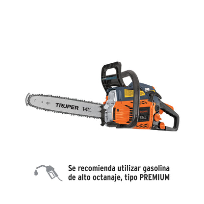 Motosierra Truper 38cc Gasolina 2.3HP Barra 14" - Corte Profesional Árboles y Poda con Sistema Antiretroceso Safe-T-Tip - MOT-3814