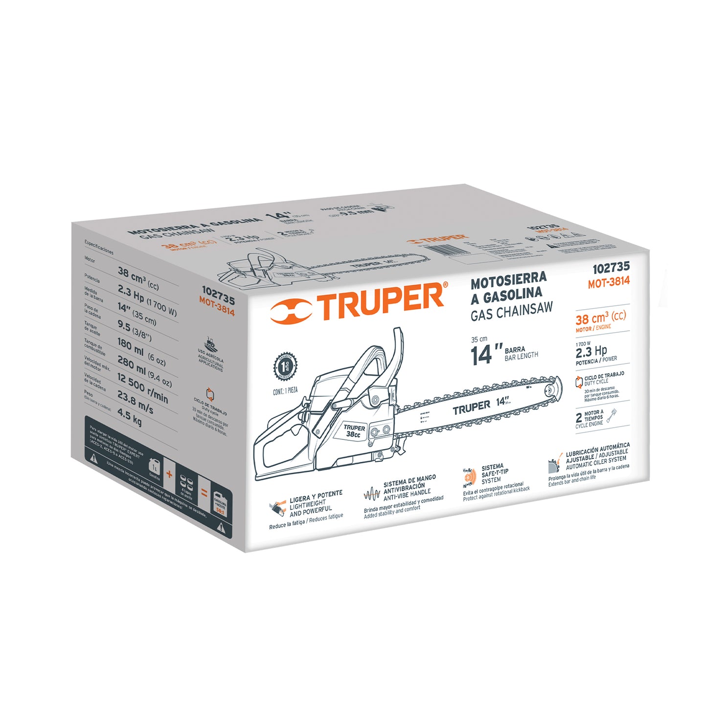 Motosierra Truper 38cc Gasolina 2.3HP Barra 14" - Corte Profesional Árboles y Poda con Sistema Antiretroceso Safe-T-Tip - MOT-3814