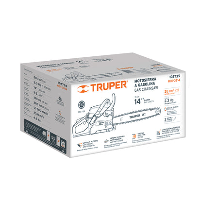 Motosierra Truper 38cc Gasolina 2.3HP Barra 14" - Corte Profesional Árboles y Poda con Sistema Antiretroceso Safe-T-Tip - MOT-3814