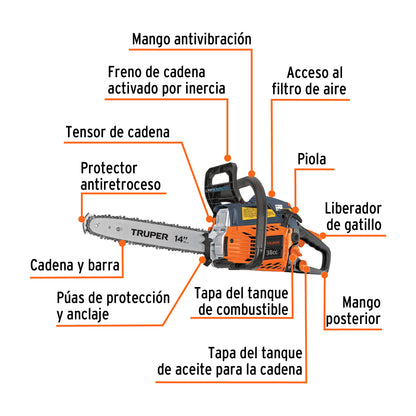 Motosierra Truper 38cc Gasolina 2.3HP Barra 14" - Corte Profesional Árboles y Poda con Sistema Antiretroceso Safe-T-Tip - MOT-3814