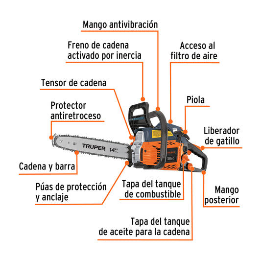 Motosierra Truper 38cc Gasolina 2.3HP Barra 14" - Corte Profesional Árboles y Poda con Sistema Antiretroceso Safe-T-Tip - MOT-3814