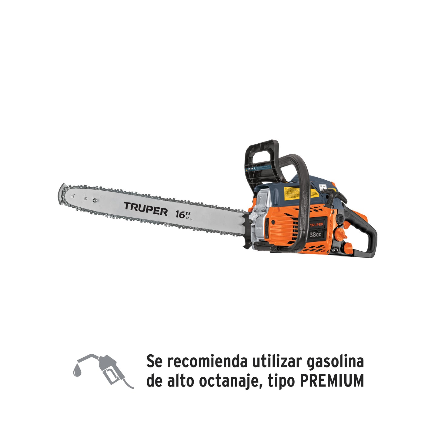 Motosierra Truper 38cc Gasolina 16" - Motor 2.3HP Arranque Fácil - Corte Profesional Árboles y Ramas - Sistema Antiretroceso Safe-T-Tip - MOT-3816