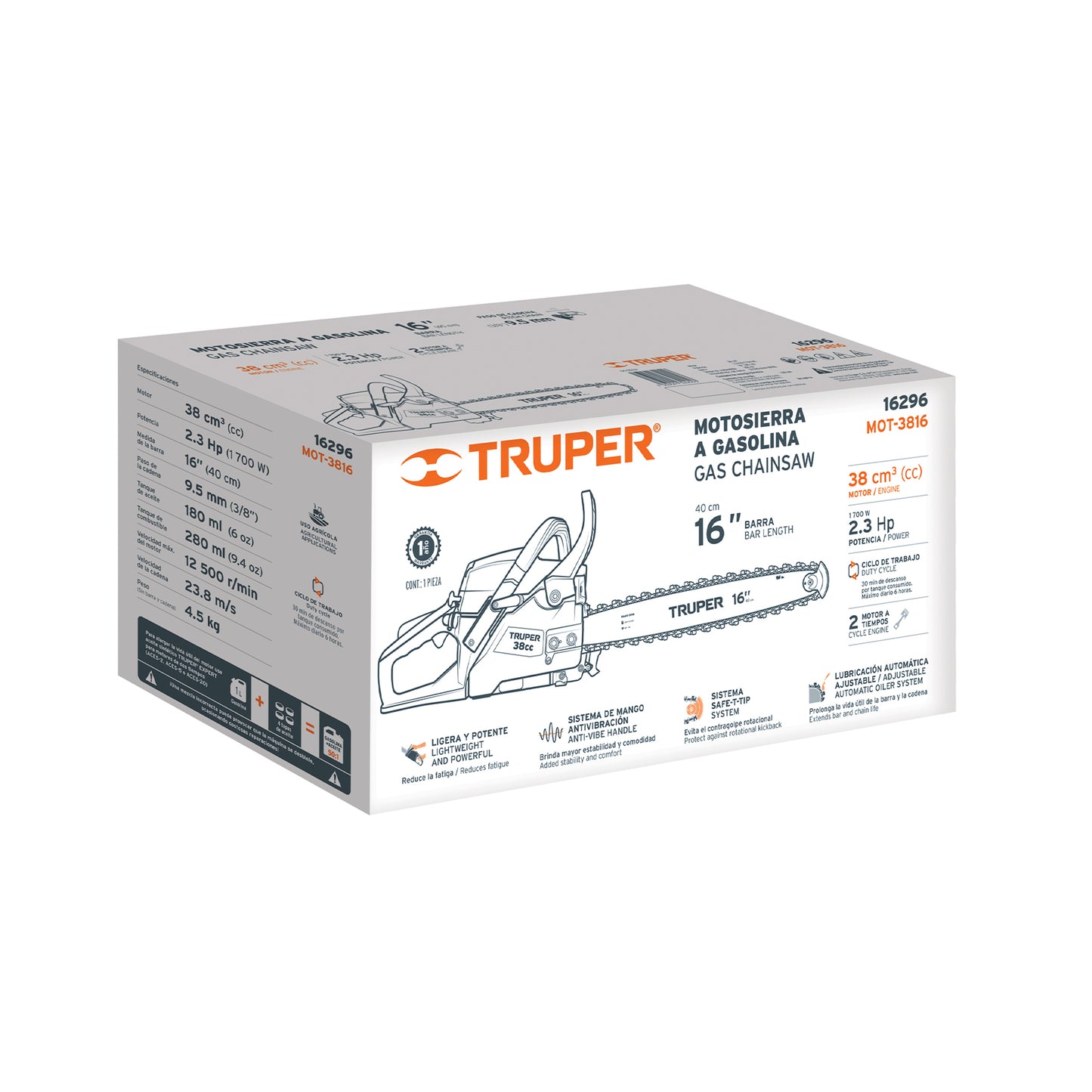 Motosierra Truper 38cc Gasolina 16" - Motor 2.3HP Arranque Fácil - Corte Profesional Árboles y Ramas - Sistema Antiretroceso Safe-T-Tip - MOT-3816