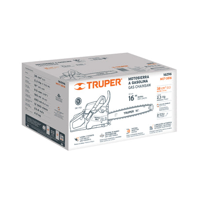 Motosierra Truper 38cc Gasolina 16" - Motor 2.3HP Arranque Fácil - Corte Profesional Árboles y Ramas - Sistema Antiretroceso Safe-T-Tip - MOT-3816