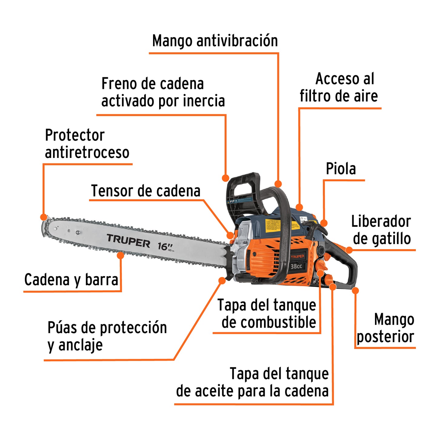 Motosierra Truper 38cc Gasolina 16" - Motor 2.3HP Arranque Fácil - Corte Profesional Árboles y Ramas - Sistema Antiretroceso Safe-T-Tip - MOT-3816