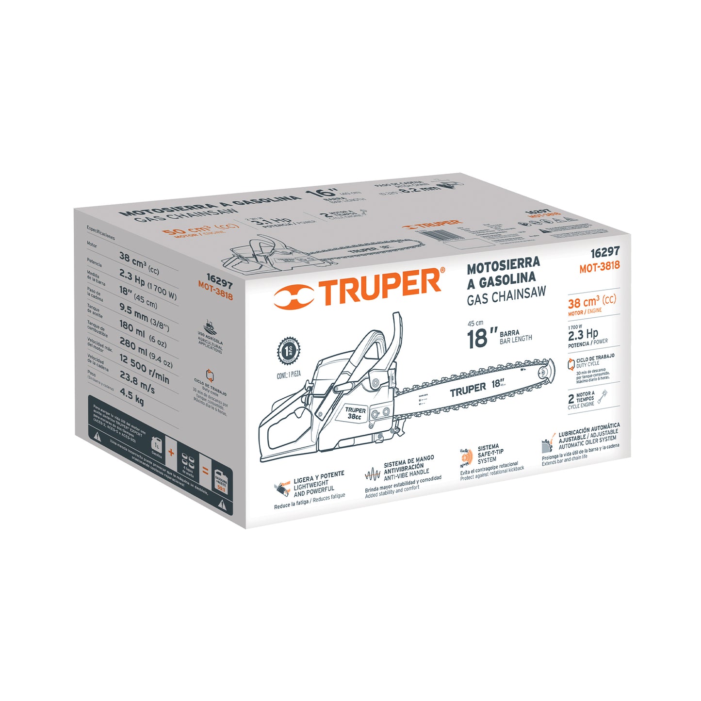 Motosierra Truper 38cc Gasolina 18" - Motor 2.3HP Arranque Fácil - Corte Profesional Árboles y Ramas - Sistema Antiretroceso Safe-T-Tip - MOT-3818