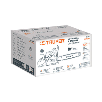 Motosierra Truper 38cc Gasolina 18" - Motor 2.3HP Arranque Fácil - Corte Profesional Árboles y Ramas - Sistema Antiretroceso Safe-T-Tip - MOT-3818