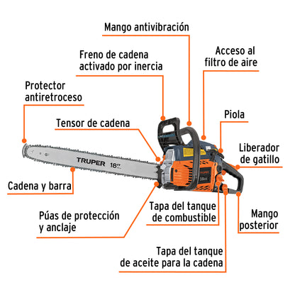 Motosierra Truper 38cc Gasolina 18" - Motor 2.3HP Arranque Fácil - Corte Profesional Árboles y Ramas - Sistema Antiretroceso Safe-T-Tip - MOT-3818