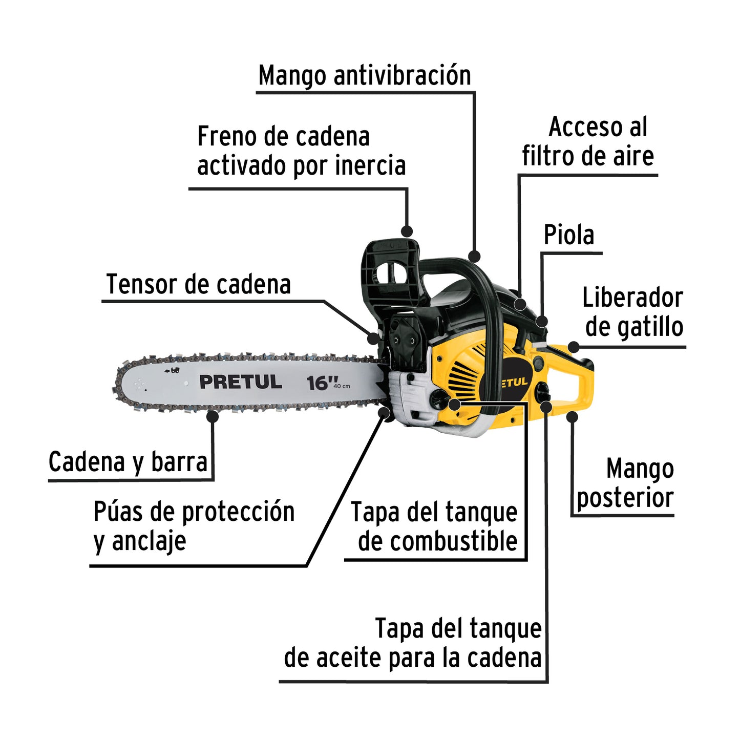 Motosierra Pretul 45cc 16 Pulgadas MOT-4516P - Corte Profesional de Árboles y Ramas con Motor 2.2HP Gasolina