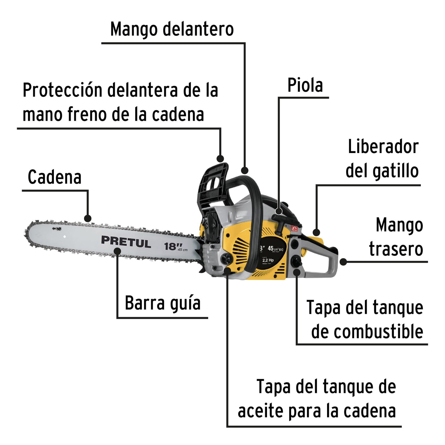 Motosierra Pretul MOT-4518P 45cc Gasolina Barra 18" - Corte Profesional Árboles y Poda Ramas - Motor 2.2HP Arranque Fácil