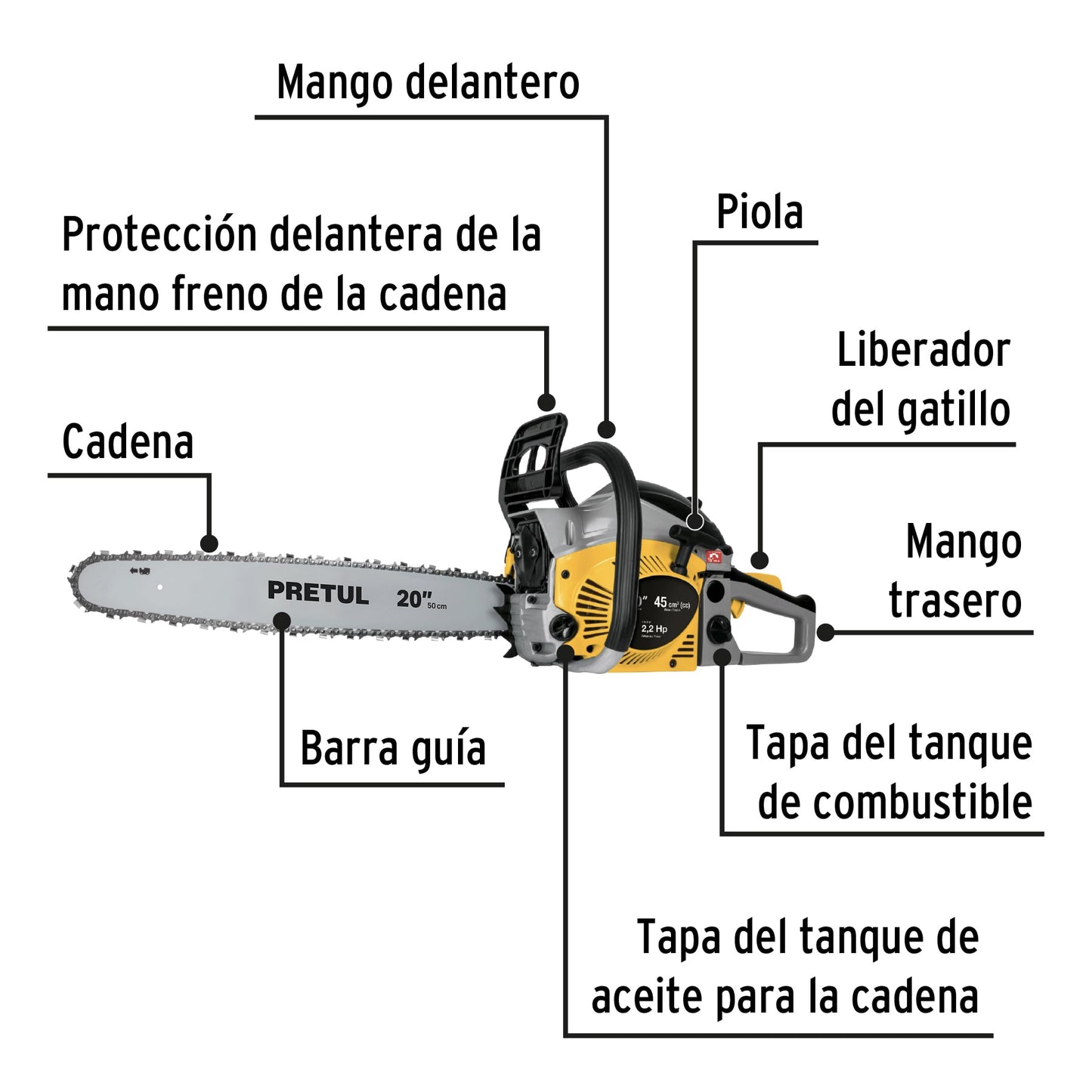 Motosierra Pretul 45cc Gasolina Barra 20 Pulgadas MOT-4520P - Corte Profesional Árboles y Ramas Motor 2.2HP Arranque Fácil