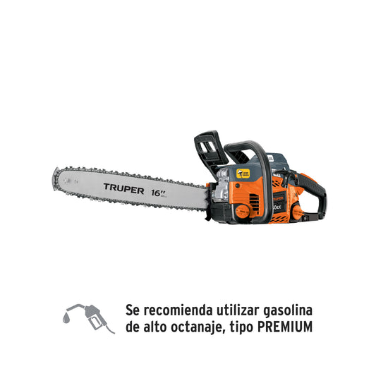 Motosierra Truper 50cc Gasolina 16 Pulgadas - Corte Profesional Árboles y Ramas - Motor 3.1HP Arranque Fácil - MOT-5016