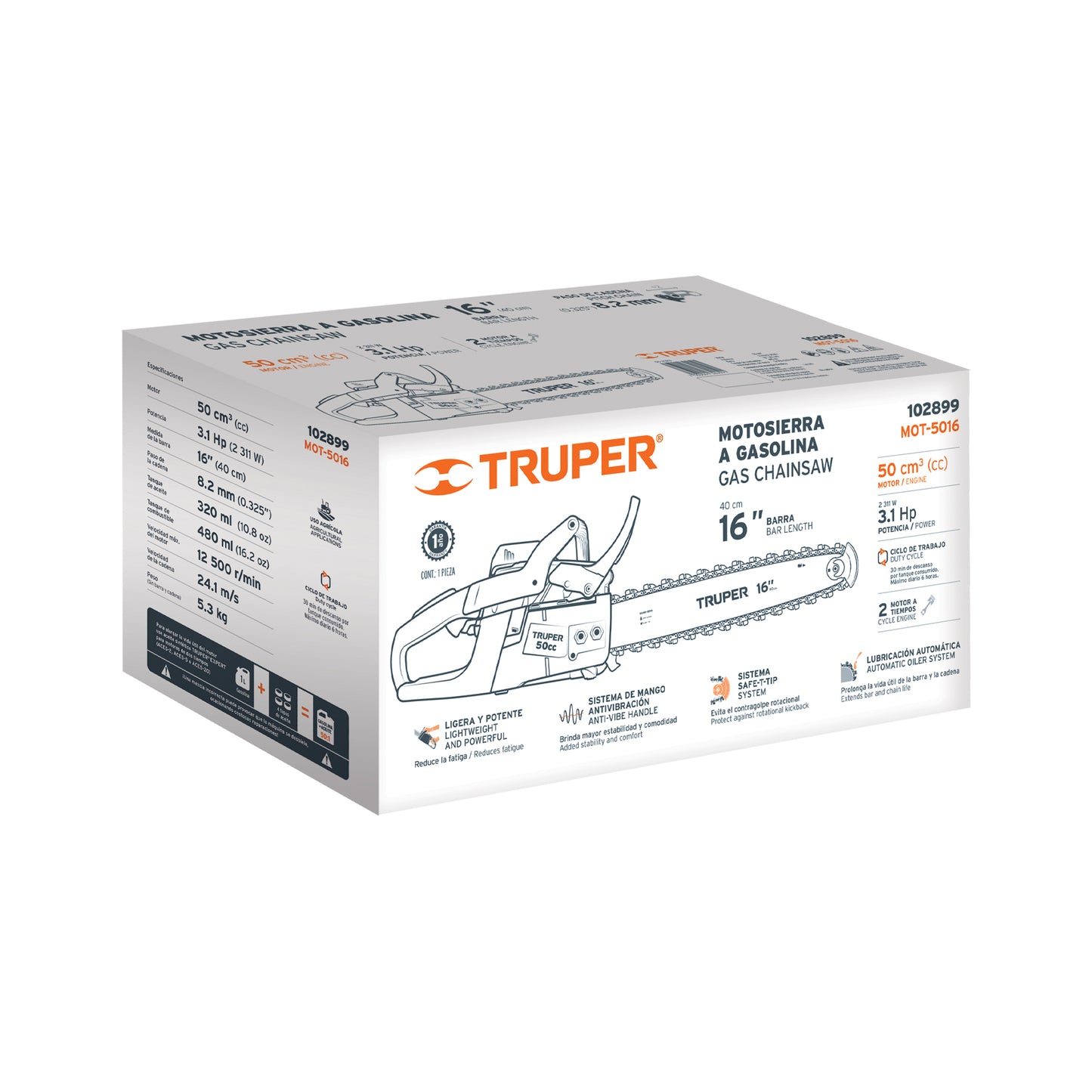 Motosierra Truper 50cc Gasolina 16 Pulgadas - Corte Profesional Árboles y Ramas - Motor 3.1HP Arranque Fácil - MOT-5016