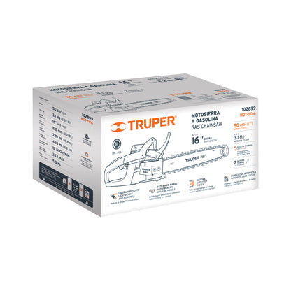 Motosierra Truper 50cc Gasolina 16 Pulgadas - Corte Profesional Árboles y Ramas - Motor 3.1HP Arranque Fácil - MOT-5016