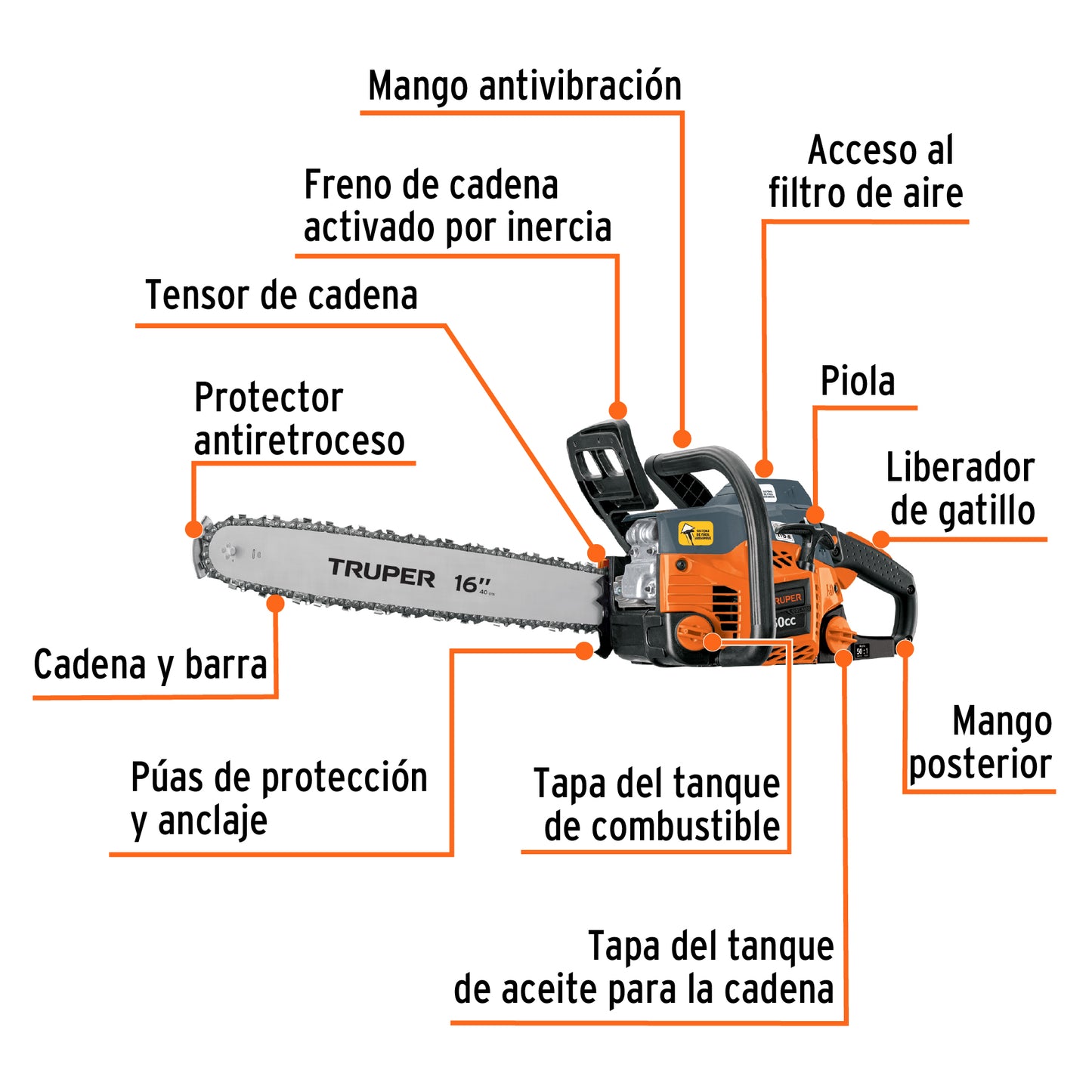 Motosierra Truper 50cc Gasolina 16 Pulgadas - Corte Profesional Árboles y Ramas - Motor 3.1HP Arranque Fácil - MOT-5016