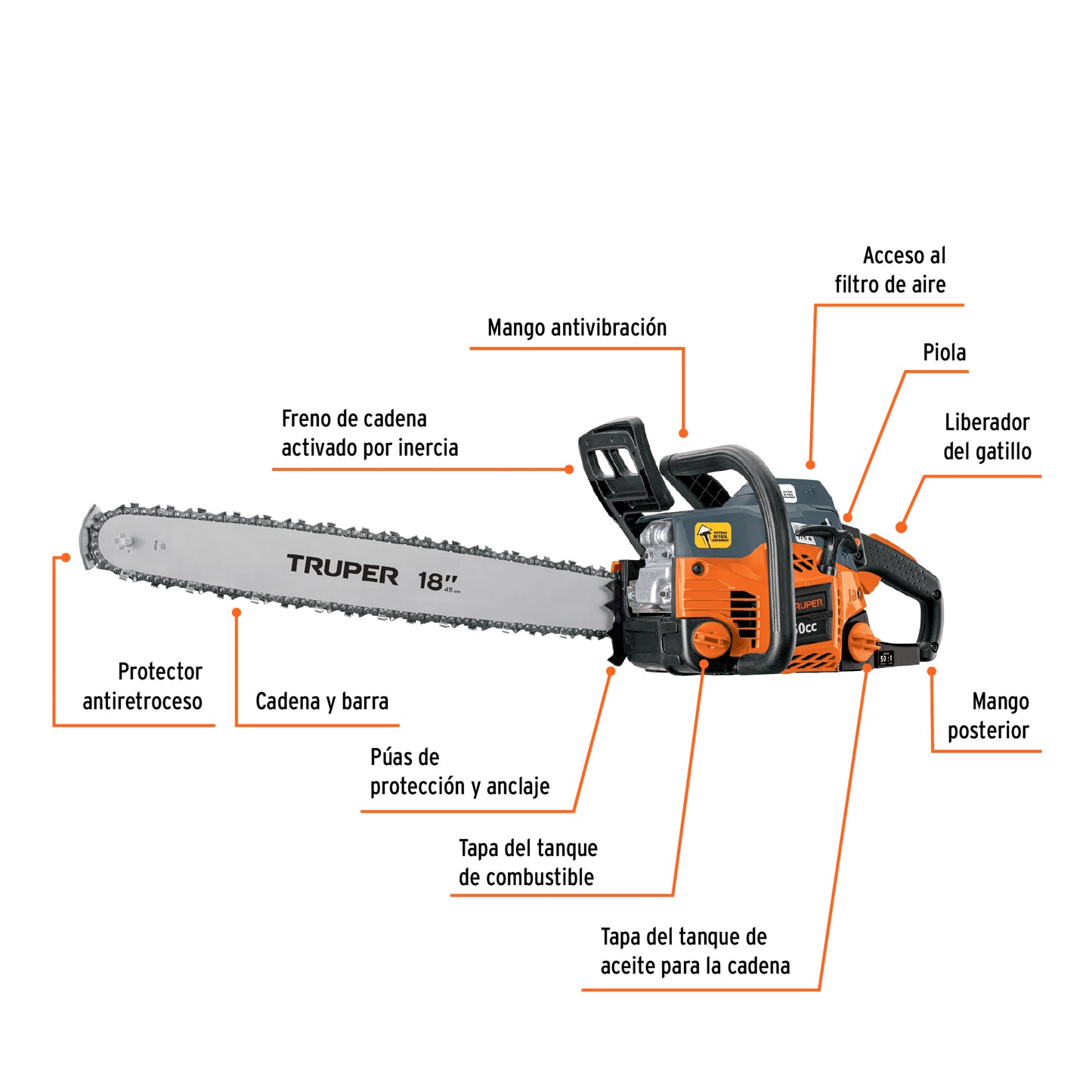 Motosierra Truper 50cc Gasolina 18 Pulgadas - Corte Profesional Árboles y Ramas MOT-5018