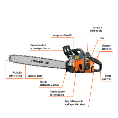 Motosierra Truper 50cc Gasolina 18 Pulgadas - Corte Profesional Árboles y Ramas MOT-5018