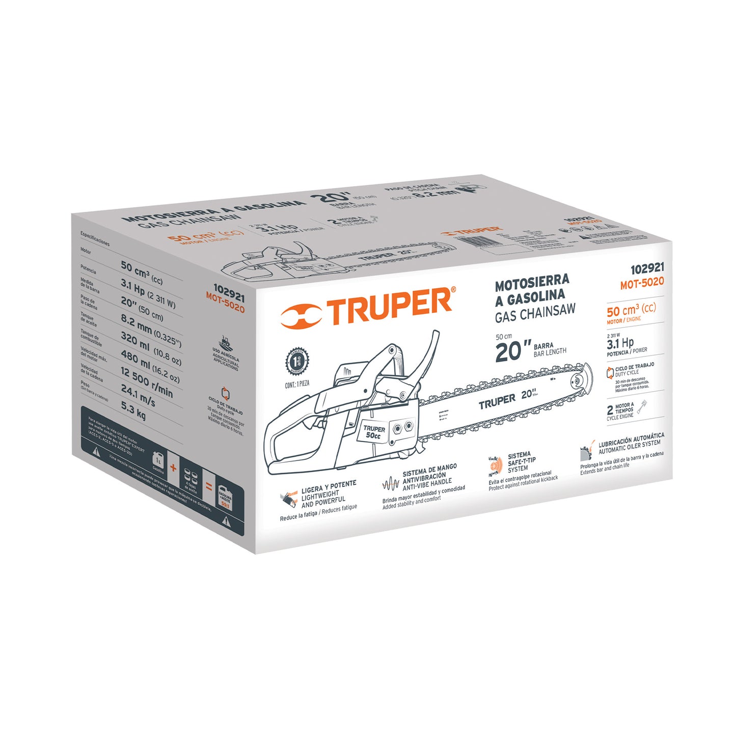 Motosierra Profesional Truper 50cc Gasolina 2 Tiempos con Barra 20" - Motor 3.1HP Sistema Antiretroceso Safe-T-Tip para Corte Preciso de Árboles y Poda de Ramas - MOT-5020