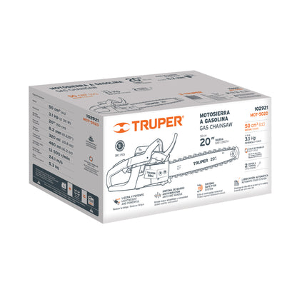 Motosierra Profesional Truper 50cc Gasolina 2 Tiempos con Barra 20" - Motor 3.1HP Sistema Antiretroceso Safe-T-Tip para Corte Preciso de Árboles y Poda de Ramas - MOT-5020