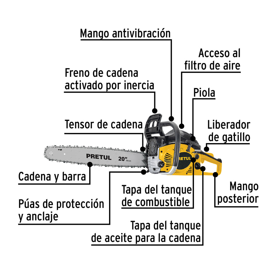 Motosierra Pretul 52cc Gasolina Barra 20 Pulgadas - Corte Profesional Árboles y Poda - Motor 2.6HP Arranque Fácil - MOT-5220P