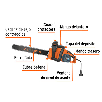 Motosierra Eléctrica TRUPER 1600W 18 Pulgadas - Corte Profesional Sin Gasolina para Poda y Tala Doméstica MOTE-18