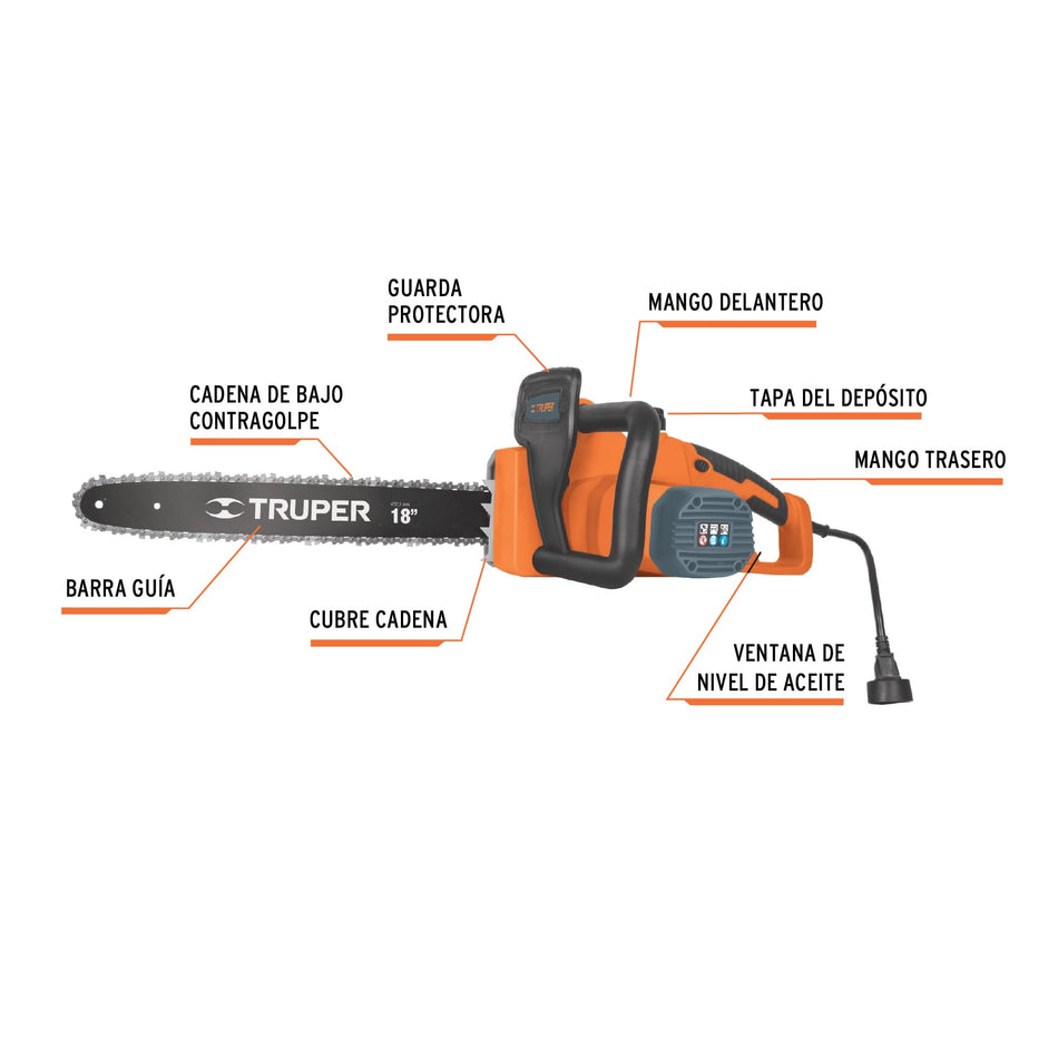 Motosierra eléctrica 1600 W con barra de 18", Truper, Motoserrucho, Tala arboles